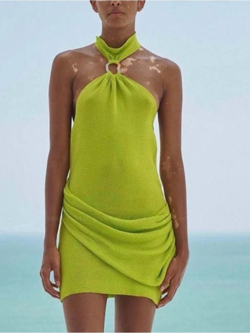 Baobab Collection Lime Green Halter Ring Draped Mini Dress